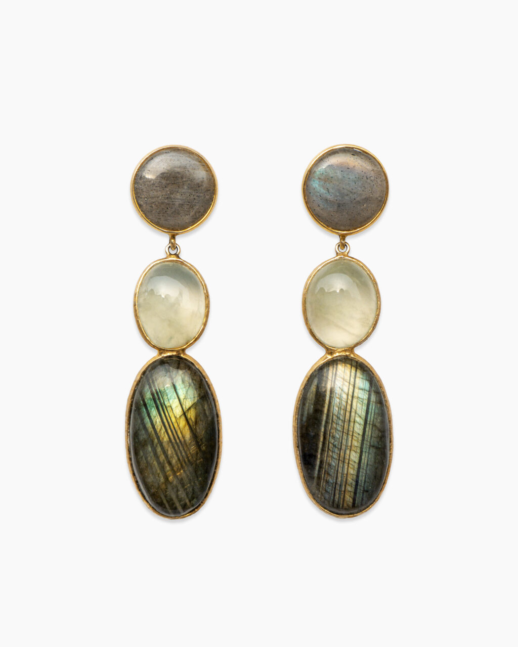 MAVRA drop earrings with grey labradorite, prehnite and green labradorite – front view