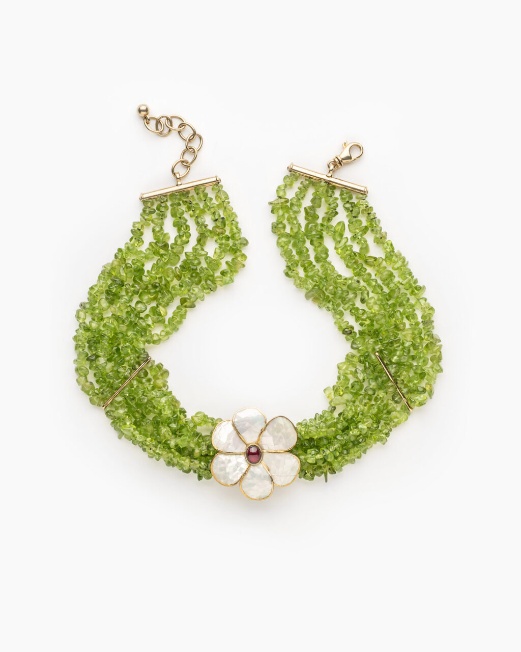 Vivara Choker Peridot mit Perlmutt-Blüte und Rhodolith-Cabochon