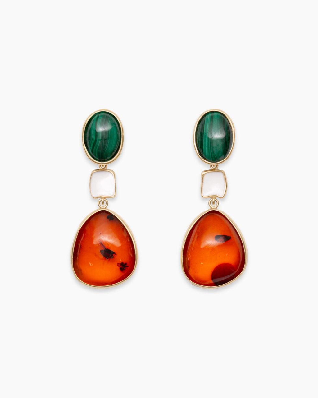 SÃO MIGUEL malachite earrings with white enamel and amber