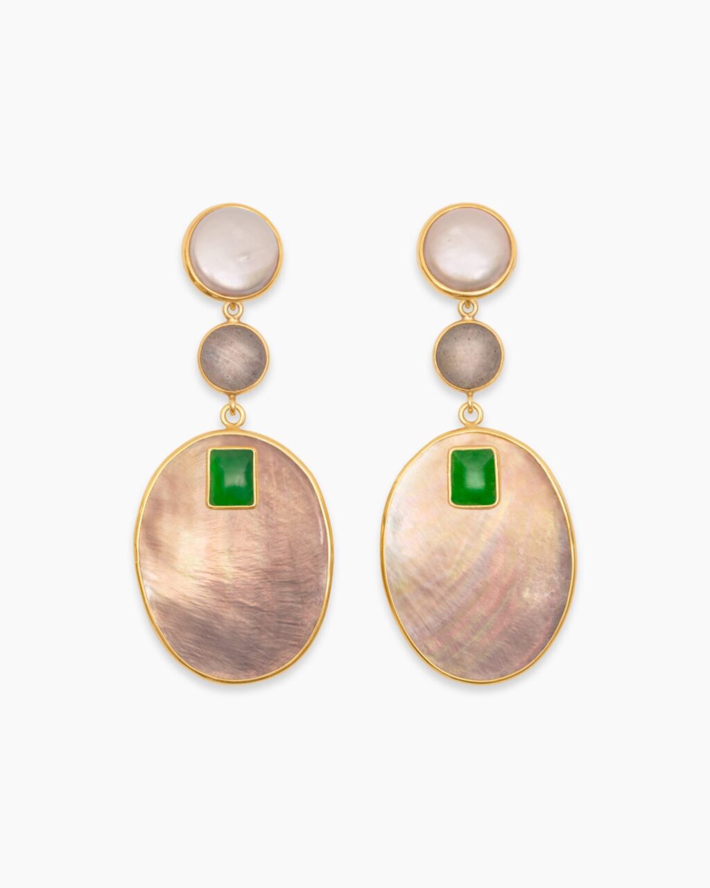 MURTER Ohrstecker mit Mabé-Perle, Labradorit, Jade-Cabochon und Perlmutt-Scheibe